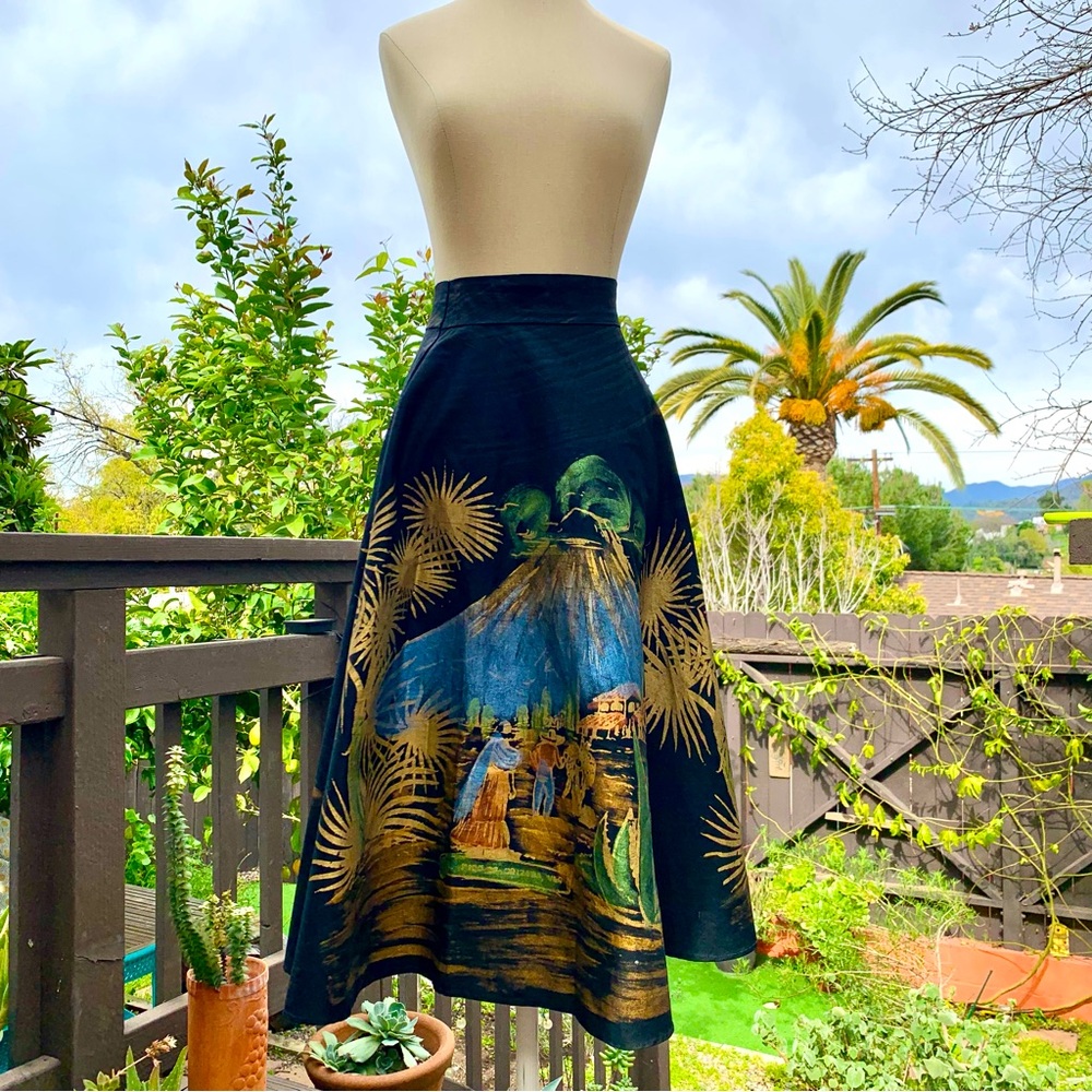 VINTAGE Mexican 1950s Black & Metallic Hand Painted Souvenir Circle Midi Skirt